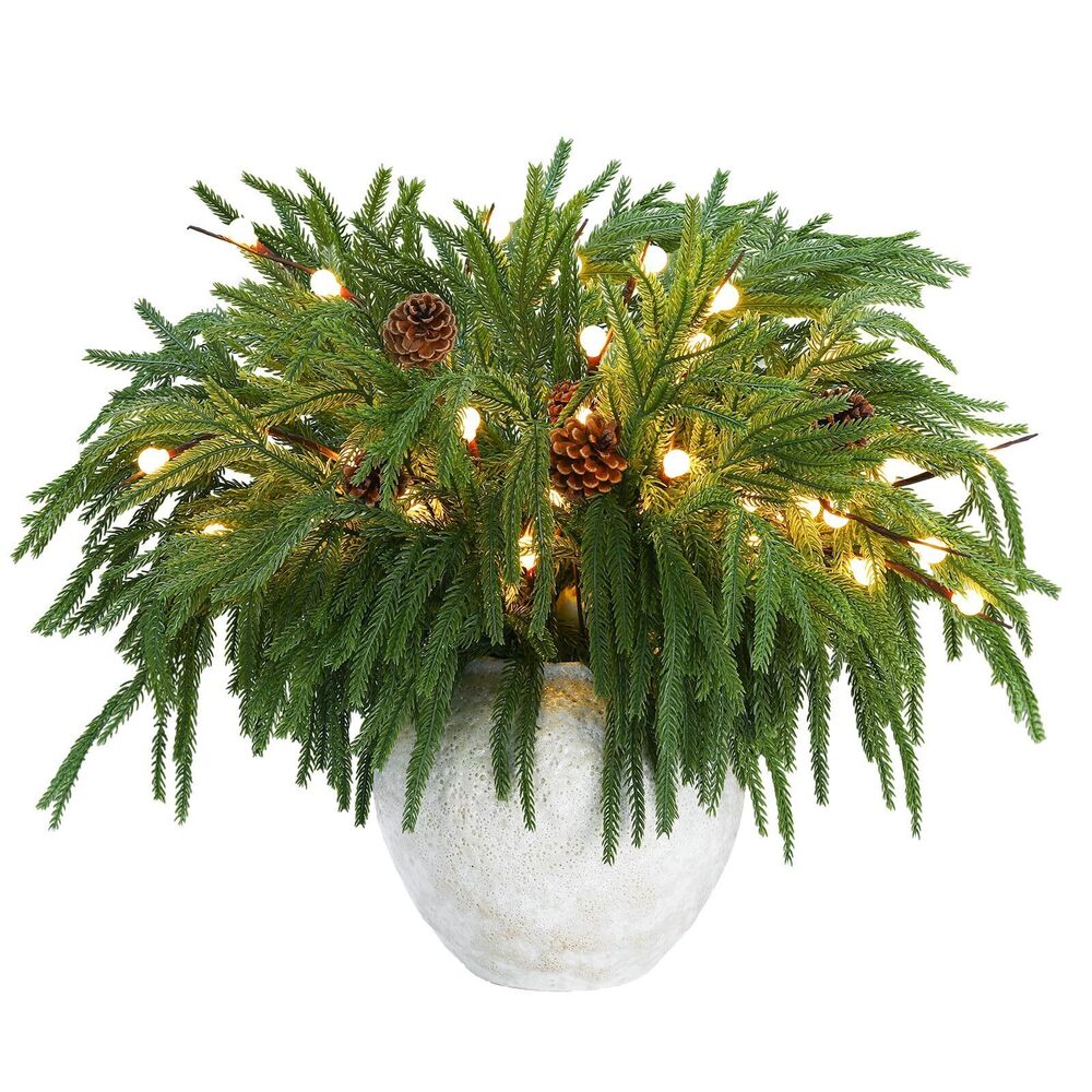 5902 20 Pcs Christmas Norfolk Pine Branches with Lights Set Includes 12